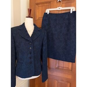 Liz Claiborne Skirt Suit Womens Size 10 Blue Textured Brocade Jacket Blazer Set